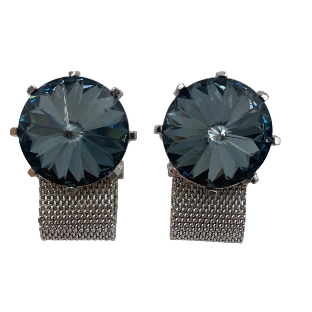 Vintage Dante Silver-Tone Cufflinks With Blue Rhinestones & Mesh Chain Design